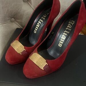 John Galliano Red Suede Heels with Gold Accents